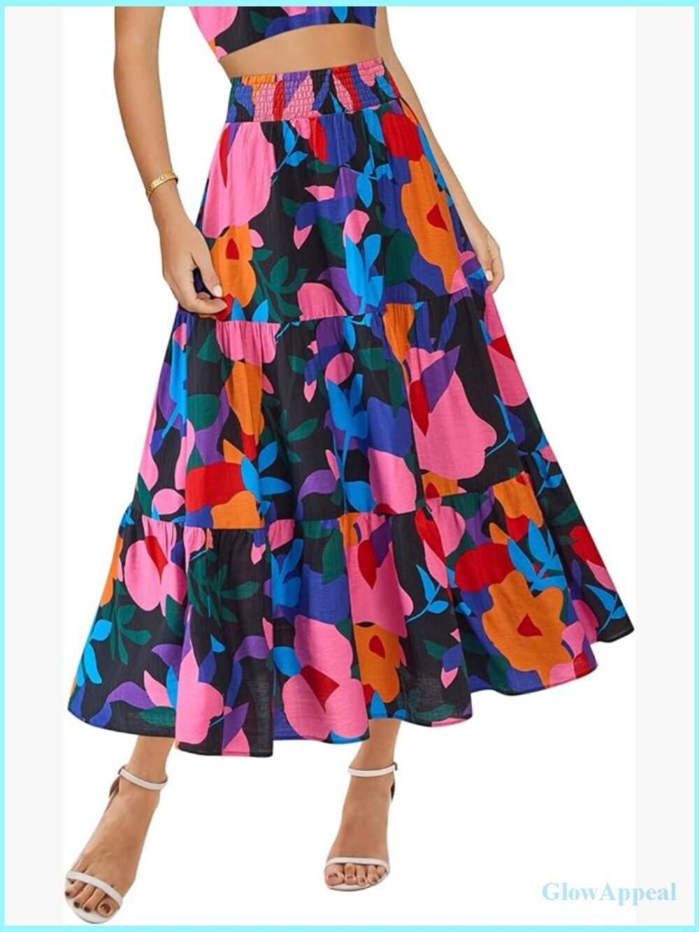 Floral Print Elastic High Waist A-Line Maxi Skirt with Pockets
